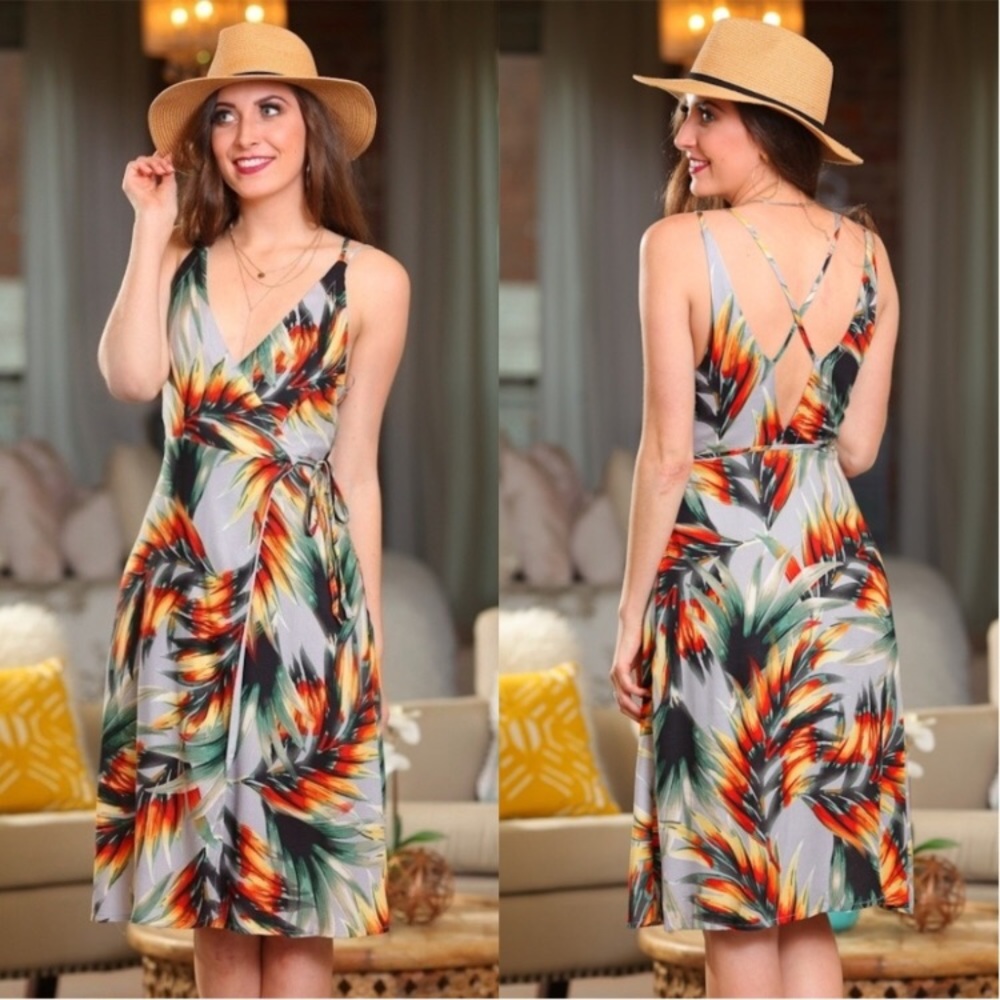 🆕🔥🌺Tropical Print Cross Back Wrap Dress